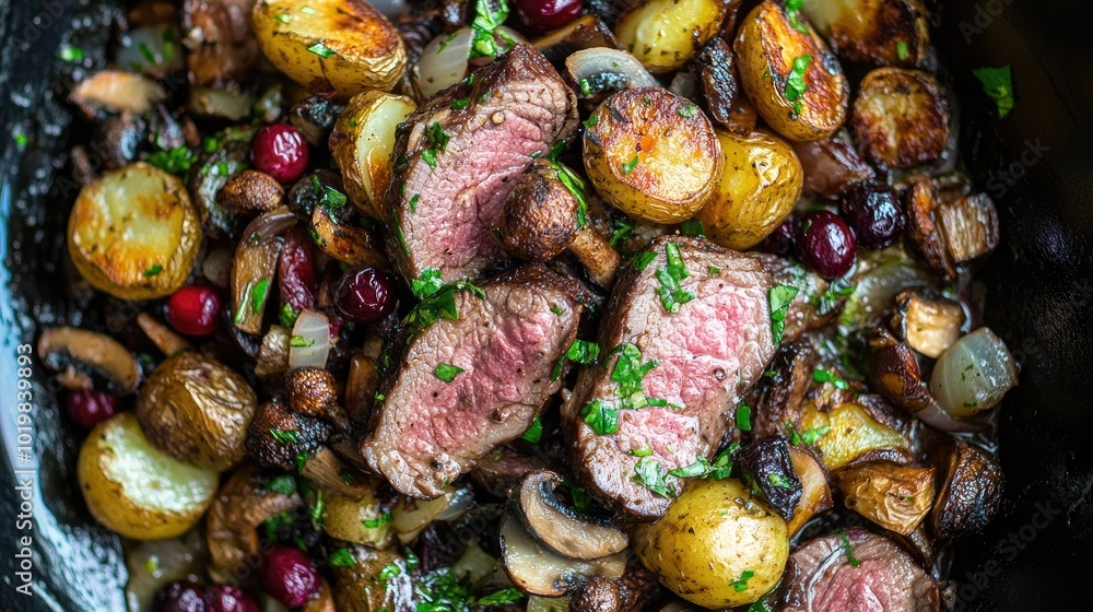 A top-down view of reindeer served on a bed of wild mushrooms and onions, with a side of roasted potatoes and cranberries, emphasizing Nordic flavors A top-down view of reindeer served on a bed of wild mushrooms and onions, with a side of roasted potatoes and cranberries, emphasizing Nordic flavors