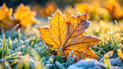 Autumn leaves covered with frost and ice on green grass