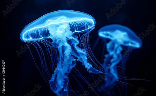 Glowing jellyfish with vibrant blue light in a dark underwater environment.