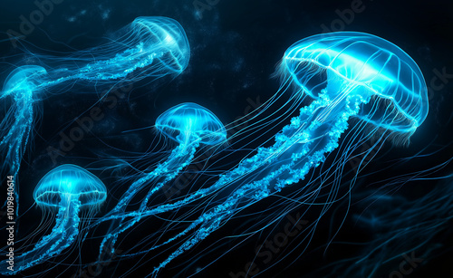 Glowing jellyfish with vibrant blue light in a dark underwater environment. photo