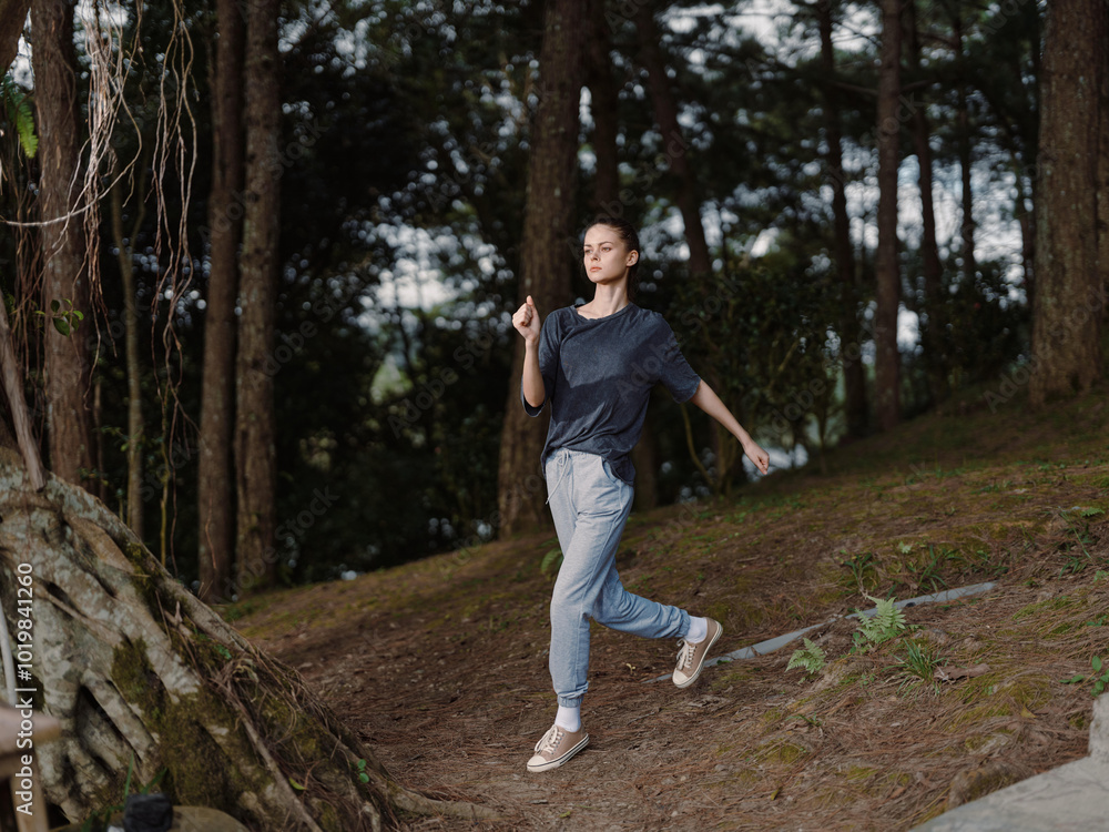 Young woman jogging through a serene forest path, wearing casual athletic clothing and enjoying a moment of fitness and connection with nature Young woman jogging through a serene forest path, wearing casual athletic clothing and enjoying a moment of fitness and connection with nature