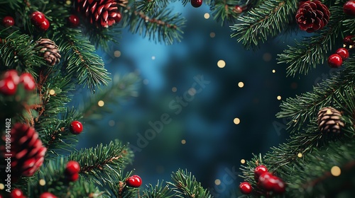 A close-up of pine branches adorned with golden ornaments and bokeh lights, creating a festive and wintery atmosphere