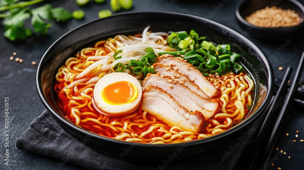 A vibrant bowl of ramen with a soy sauce broth, served with pork slices, soft-boiled egg, and green onions, garnished with chili oil and sesame seeds A vibrant bowl of ramen with a soy sauce broth, served with pork slices, soft-boiled egg, and green onions, garnished with chili oil and sesame seeds