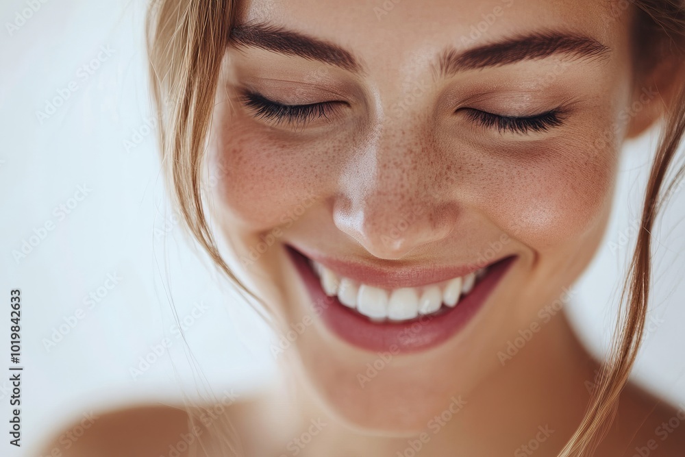 Close-up of a Woman's Face with Freckles and Closed Eyes Smiling Close-up of a Woman's Face with Freckles and Closed Eyes Smiling