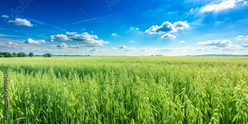 Green oat field under blue sky in early summer, Avena sativa, cultivation, farm, agriculture, landscape, nature, rural photo