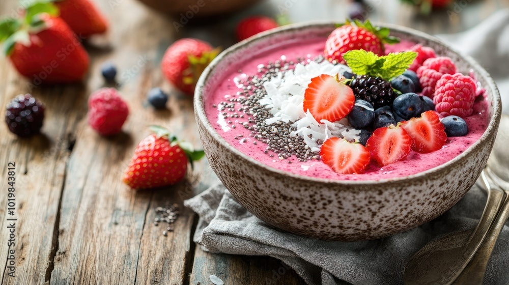A vibrant strawberry smoothie bowl topped with fresh berries, coconut flakes, and chia seeds, arranged on a rustic wooden surface A vibrant strawberry smoothie bowl topped with fresh berries, coconut flakes, and chia seeds, arranged on a rustic wooden surface