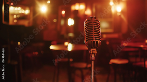 Vintage microphone on a stand in an empty dimly lit bar