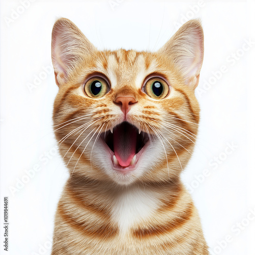 Laughing Yellow Tabby Cat with a Surprised Expression on White Background