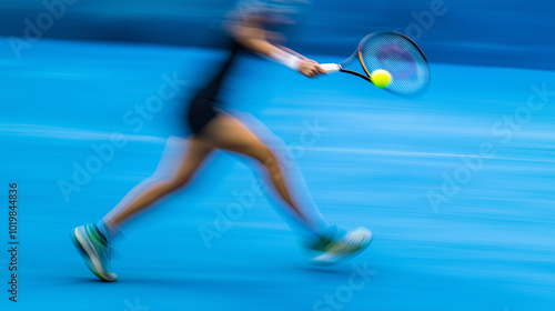 Photos Motion blur of a tennis player hitting a ball during a fast game
