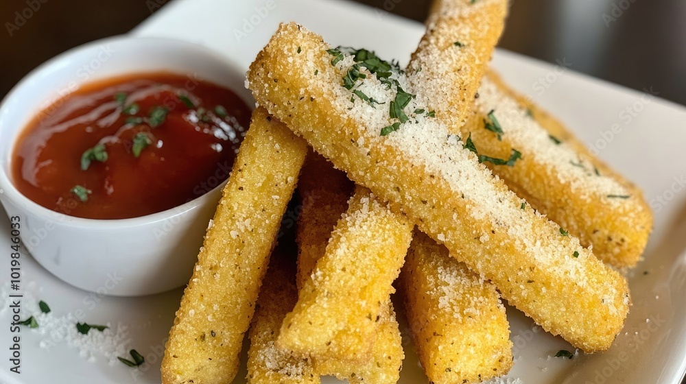 Crispy fried polenta fries, served with a side of marinara dipping sauce and sprinkled with Parmesan cheese Crispy fried polenta fries, served with a side of marinara dipping sauce and sprinkled with Parmesan cheese