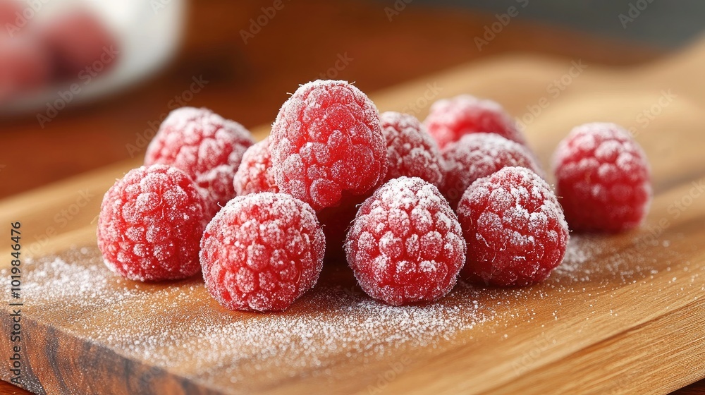 Fresh raspberries dusted with powdered sugar, arranged neatly on a wooden cutting board, perfect for a summer dessert or baking ingredient concept Fresh raspberries dusted with powdered sugar, arranged neatly on a wooden cutting board, perfect for a summer dessert or baking ingredient concept