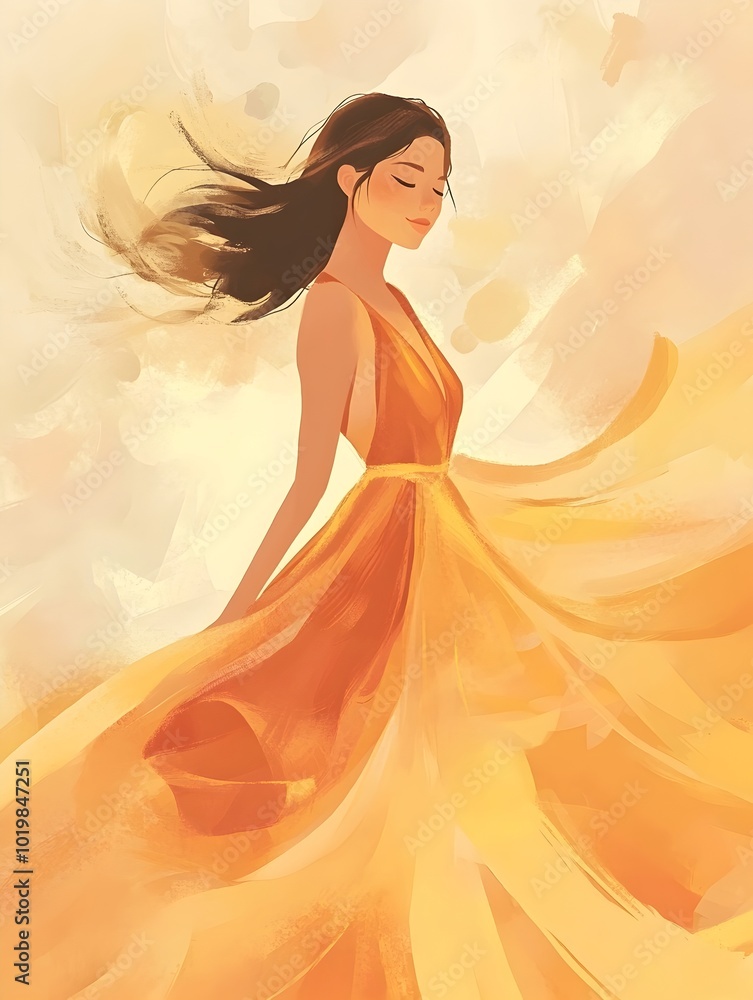 Graceful Feminine Figure in Flowing Orange Dress Against Warm Background Graceful Feminine Figure in Flowing Orange Dress Against Warm Background