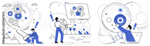 Financial forecasting vector illustration. Analyzing statistics is key unlocking doors to treasure trove financial forecasting Planning is architect drawing blueprints for castle financial success
