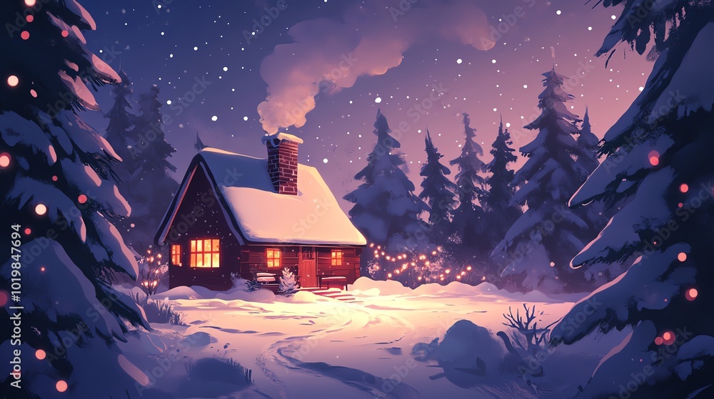 Fototapeta premium Cozy cabin in snowy winter landscape