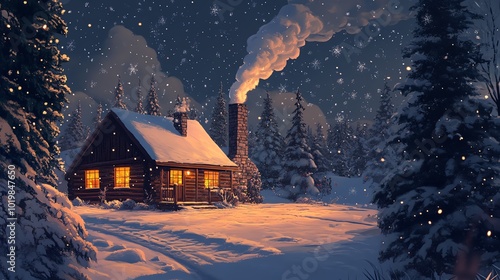 Cozy cabin in snowy winter landscape