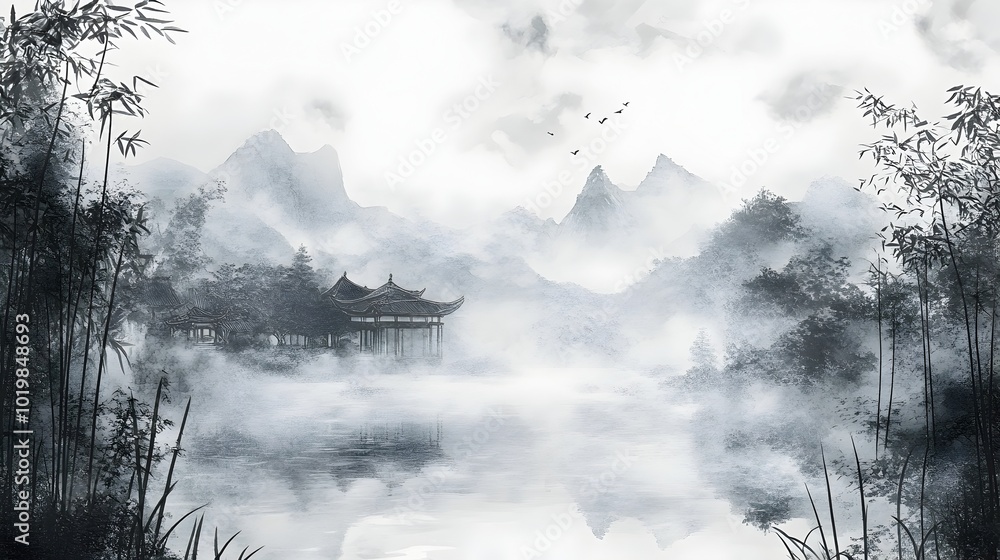 Misty Mountainous Landscape with Traditional Asian Architecture and Bamboo Forest Reflection Misty Mountainous Landscape with Traditional Asian Architecture and Bamboo Forest Reflection