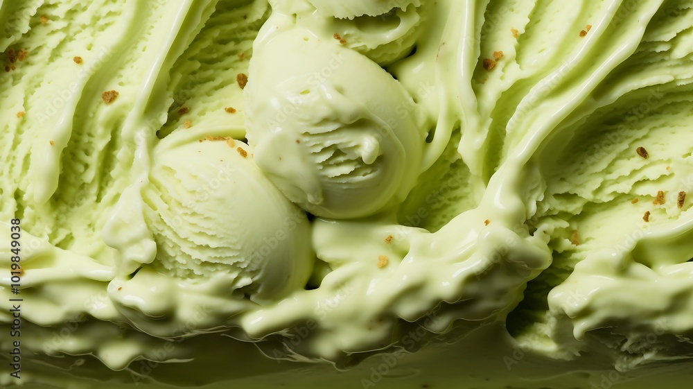 Fototapeta premium Green ice cream with pistachios. Closeup ice cream background