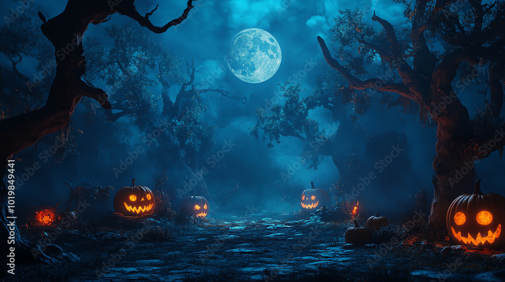 Eerie Halloween night with glowing pumpkins, a bright full moon, and twisted trees creating a spooky atmosphere. Eerie Halloween night with glowing pumpkins, a bright full moon, and twisted trees creating a spooky atmosphere.