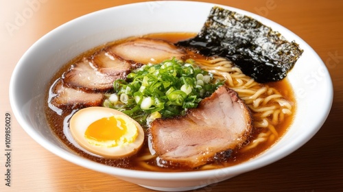 Ramen bowl with rich tonkotsu broth, served with pork belly, soft-boiled egg, and seaweed, garnished with fresh green onions