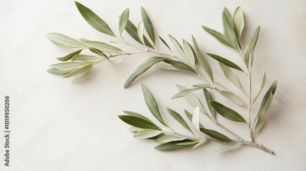 Olive branch with green and silver leaves on a light background Olive branch with green and silver leaves on a light background