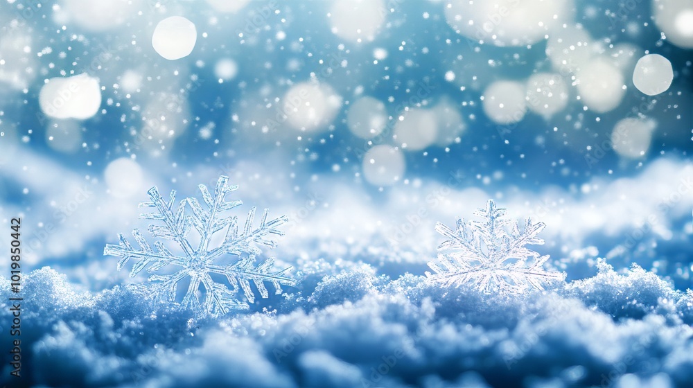 Naklejka premium Serene blue winter wonderland with falling snowflakes and snow-covered landscape