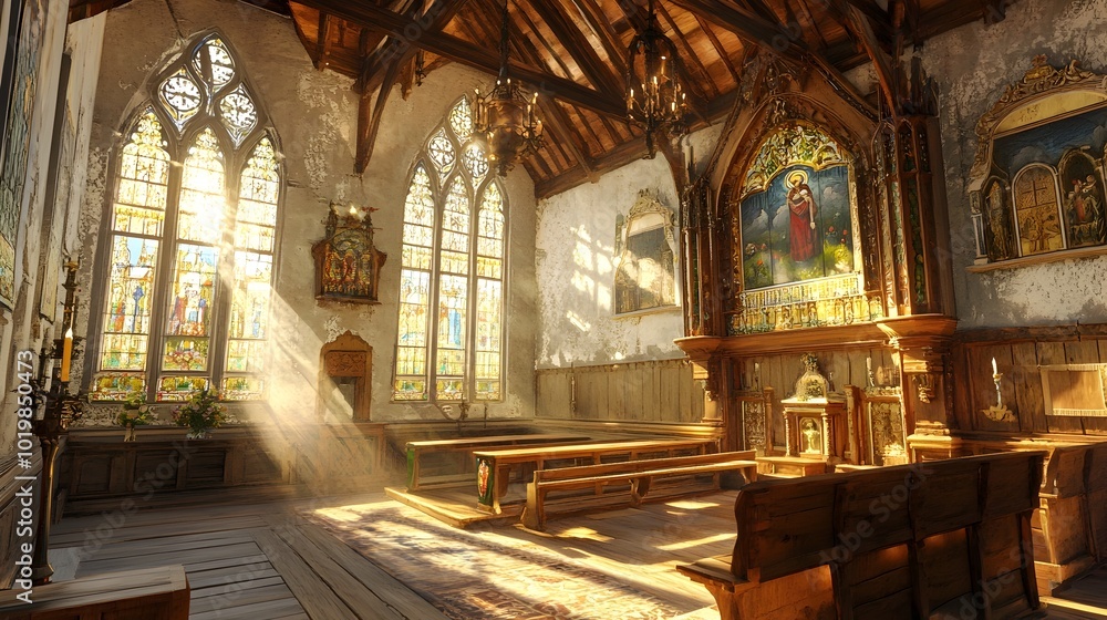 Fototapeta premium Sunlight Streaming Through Stained Glass Windows in an Ornate Gothic Cathedral Interior