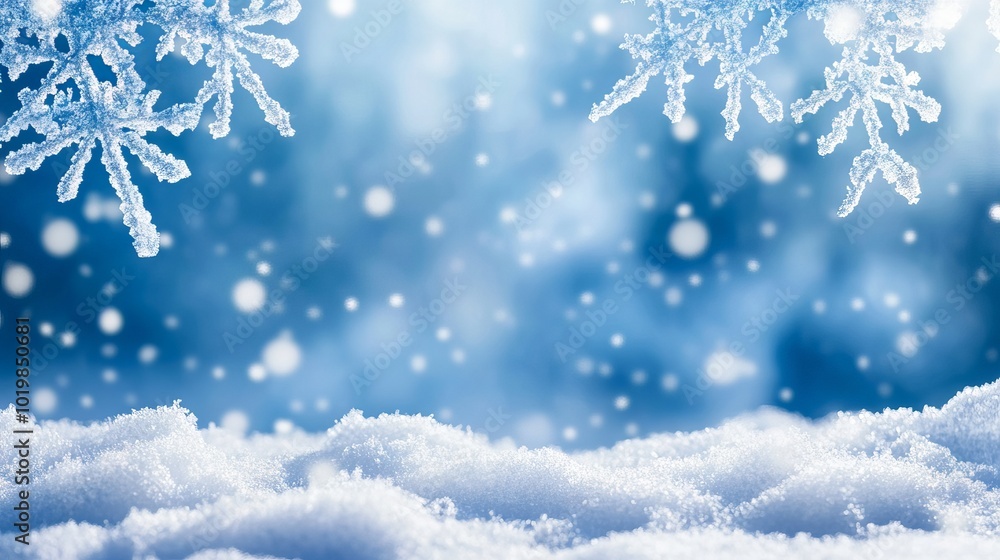 Serene blue winter wonderland with falling snowflakes and snow-covered landscape Serene blue winter wonderland with falling snowflakes and snow-covered landscape