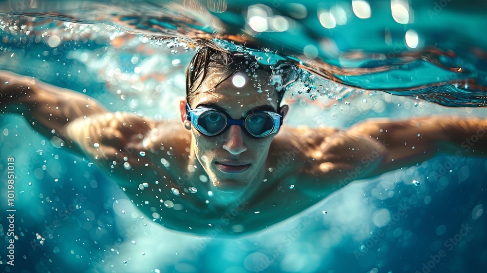 Naklejka premium Underwater Portrait of a Swimmer with Goggles