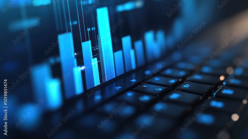 Blue Bar Chart on Laptop Keyboard Blue Bar Chart on Laptop Keyboard