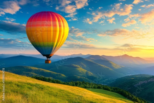 Colorful Hot Air Balloon Soaring Over Scenic Mountain Landscape