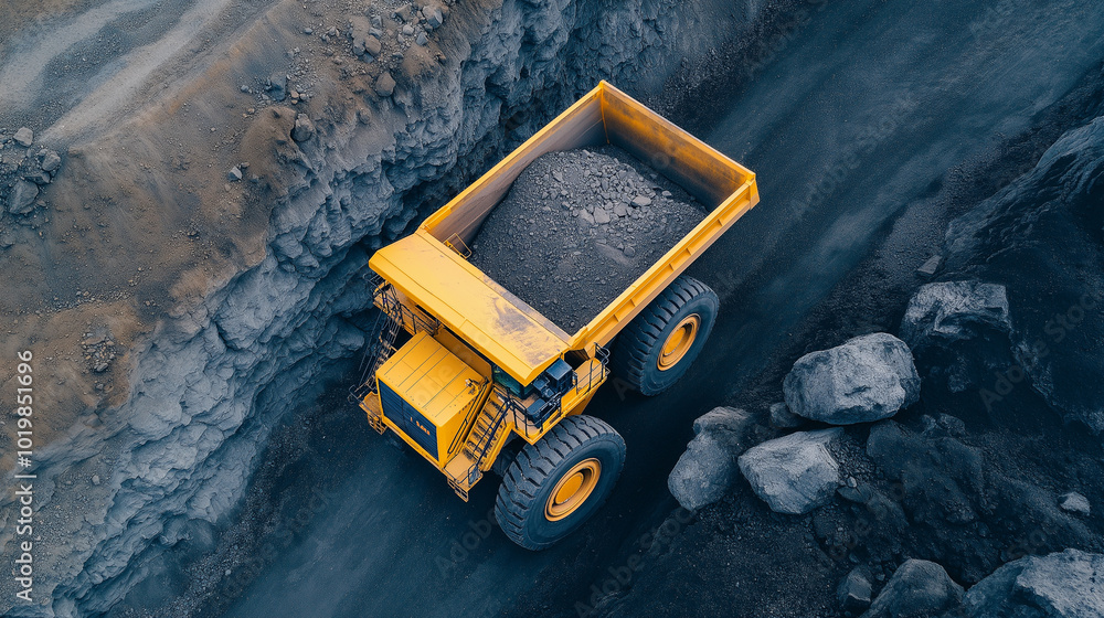 Aerial view of yellow dump truck in an open-pit mine Aerial view of yellow dump truck in an open-pit mine