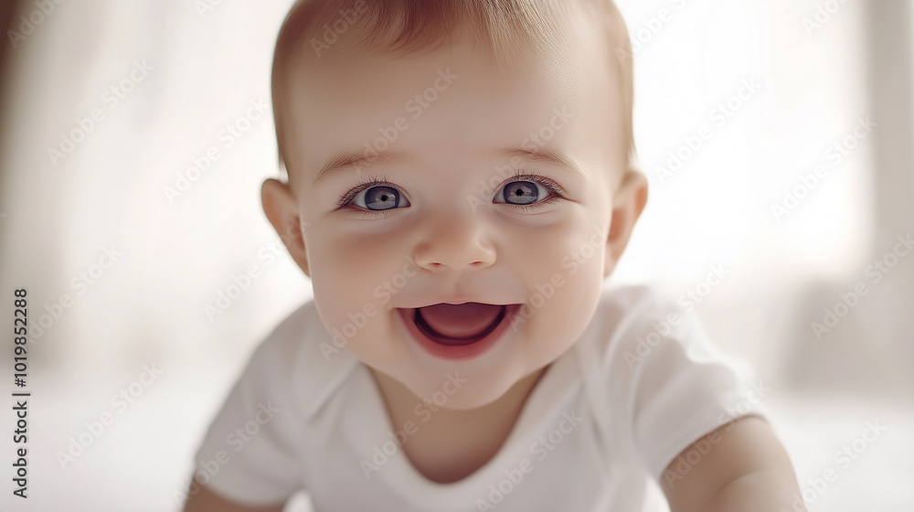 Smiling baby in a white outfit looking at the camera Smiling baby in a white outfit looking at the camera