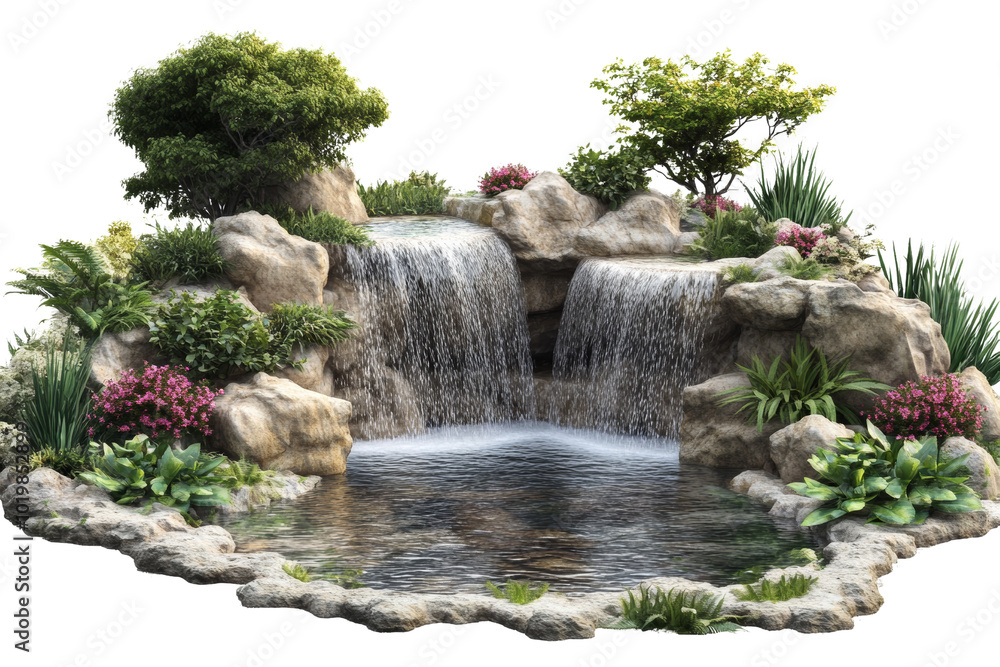 Naklejka premium A serene waterfall landscape featuring lush greenery, colorful flowers, and smooth rocks, creating a peaceful nature scene.
