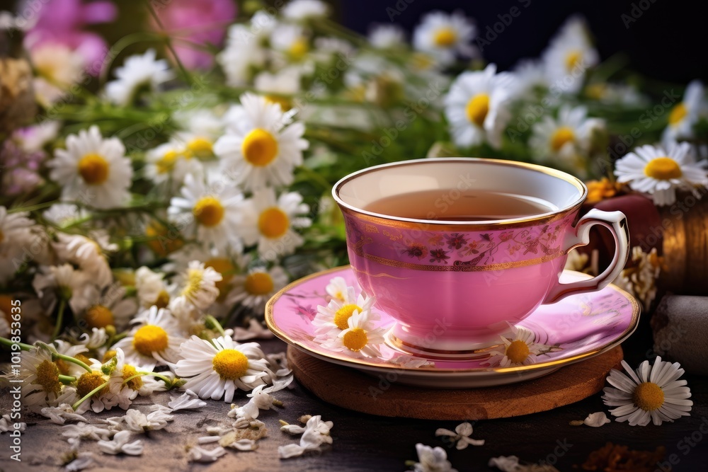 Elegant Pink Tea Cup Surrounded by Daisies and Flowers Elegant Pink Tea Cup Surrounded by Daisies and Flowers