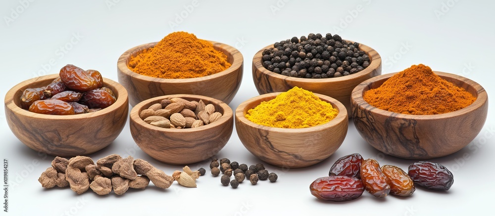 Assortment of Spices and Dried Fruits in Wooden Bowls Assortment of Spices and Dried Fruits in Wooden Bowls