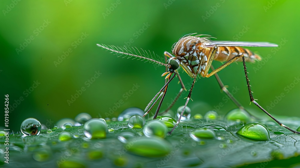 A Mosquito Resting on a Dew-Covered Leaf A Mosquito Resting on a Dew-Covered Leaf