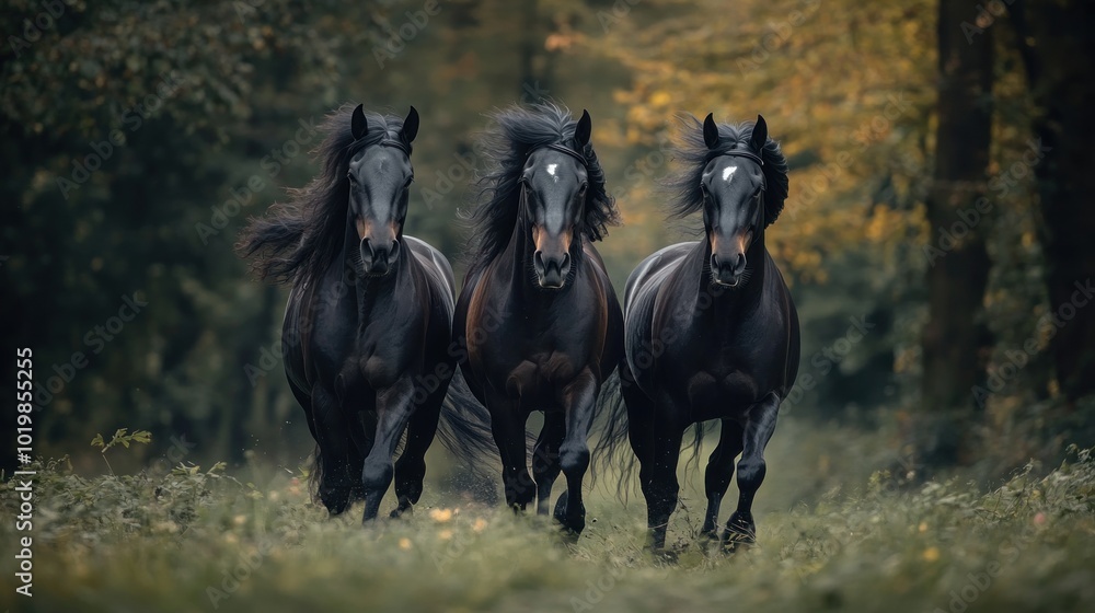 Three Black Horses Running Through a Forest Three Black Horses Running Through a Forest