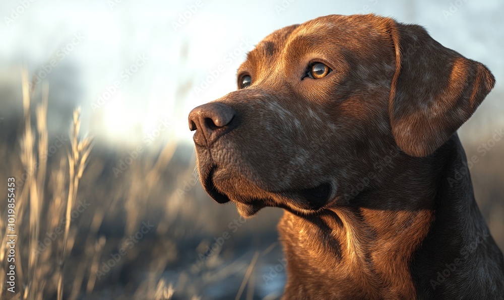 A brown dog with blue eyes looking into the distance, with a field of tall grass in the background. A brown dog with blue eyes looking into the distance, with a field of tall grass in the background.