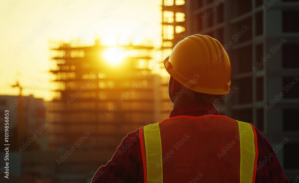 Construction worker at a building site during sunset Construction worker at a building site during sunset