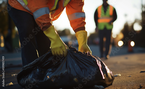 Sanitation workers in reflective vests holding garbage bags on a city street during sunrise.