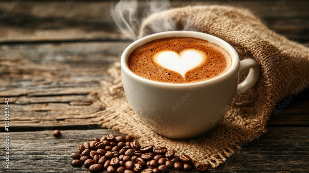 Hot Coffee Cup with Heart Design on Rustic Table Hot Coffee Cup with Heart Design on Rustic Table