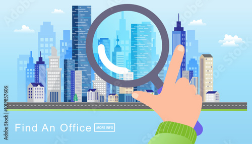 Flat vector of hand holding magnifying glass over city skyline, representing business office search, location strategy, and real estate planning in modern urban area.
