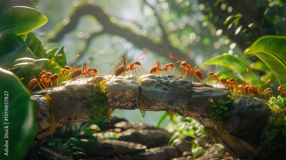 Team of industrious ants collaboratively constructing a sturdy bridge over a natural obstacle in their habitat