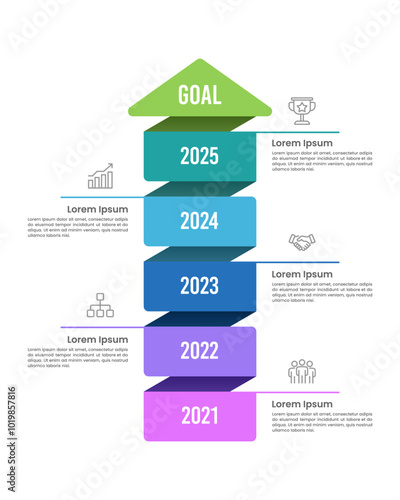 Infographic arrow pointing up contains 5 steps to the goal. Business presentation, Banner, Poster, Plan and Strategy. Vector illustration.