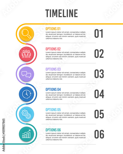 Vertical Infographic Timeline 6 Steps to Success. Business presentation, Destination Plan, Banner, Poster, Milestone and Timeline. Vector Illustration.