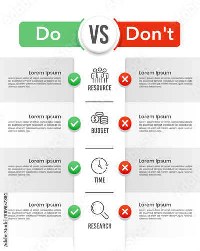 Do's and Don'ts or Pros and Cons. Infographic comparison table. Business presentation, Banner, Poster, VS, Versus and Comparison. Vector illustration.