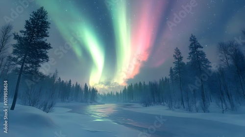 Mesmerizing Aurora Borealis Illuminating Snowy Winter Landscape with Frozen Lake and Evergreen Trees