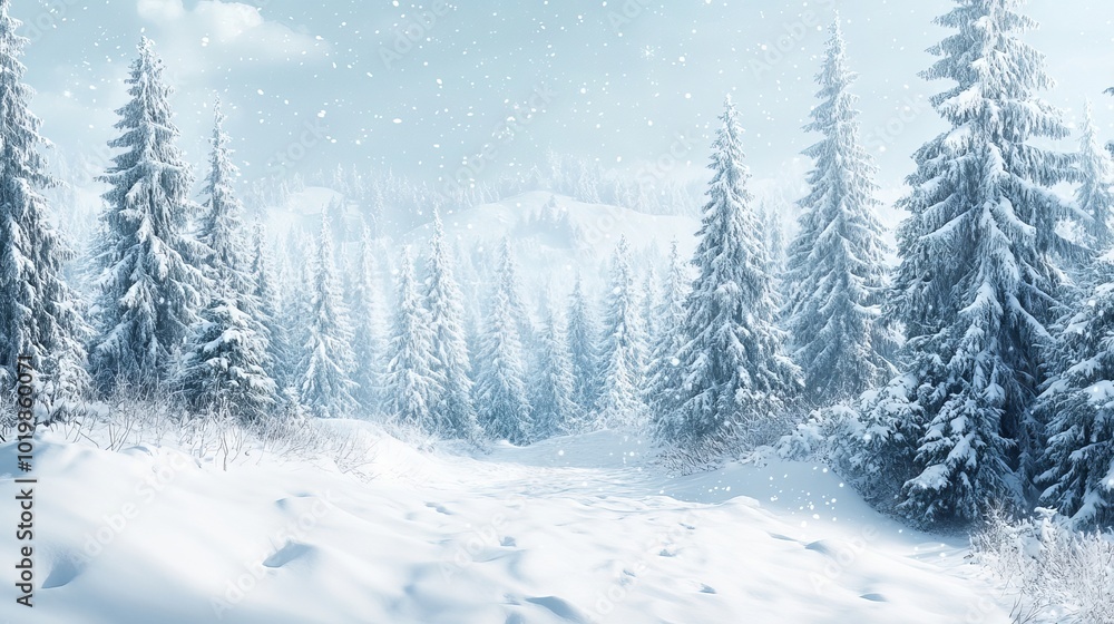 Fototapeta premium Snowfall in a winter forest: beautiful landscape with snow-covered fir trees and snowdrifts, perfect for merry christmas and happy new year greetings, winter fairytale with copy-space