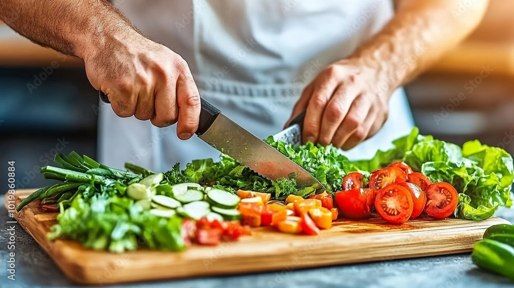 skilled chef expertly chops fresh vegetables on a rustic wooden cutting board. The vibrant colors of the produce symbolize health and creativity, highlighting the artistry of culinary preparation skilled chef expertly chops fresh vegetables on a rustic wooden cutting board. The vibrant colors of the produce symbolize health and creativity, highlighting the artistry of culinary preparation