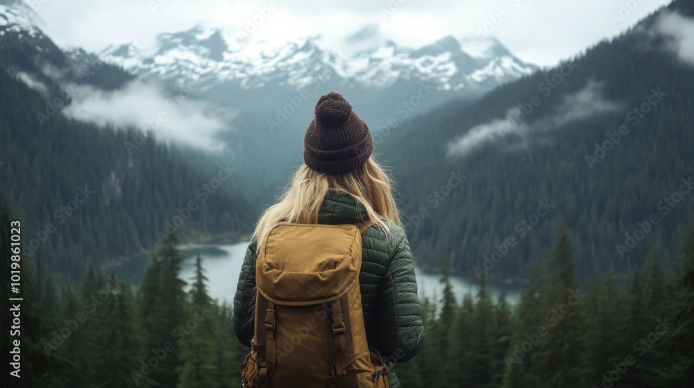 Φωτογραφία Woman Gazing at Mountainous Landscape